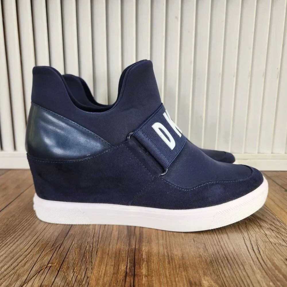 DKNY Cosmos Wedge Sneakers Womens Size 8.5 M Navy Blue Hidden Heel Slip On Shoes